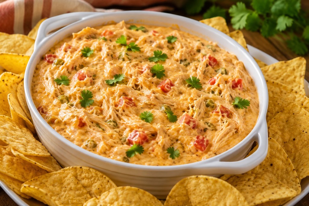 Creamy ROTEL chicken dip with shredded chicken, diced tomatoes, green chilies, and melted cheese served with tortilla chips