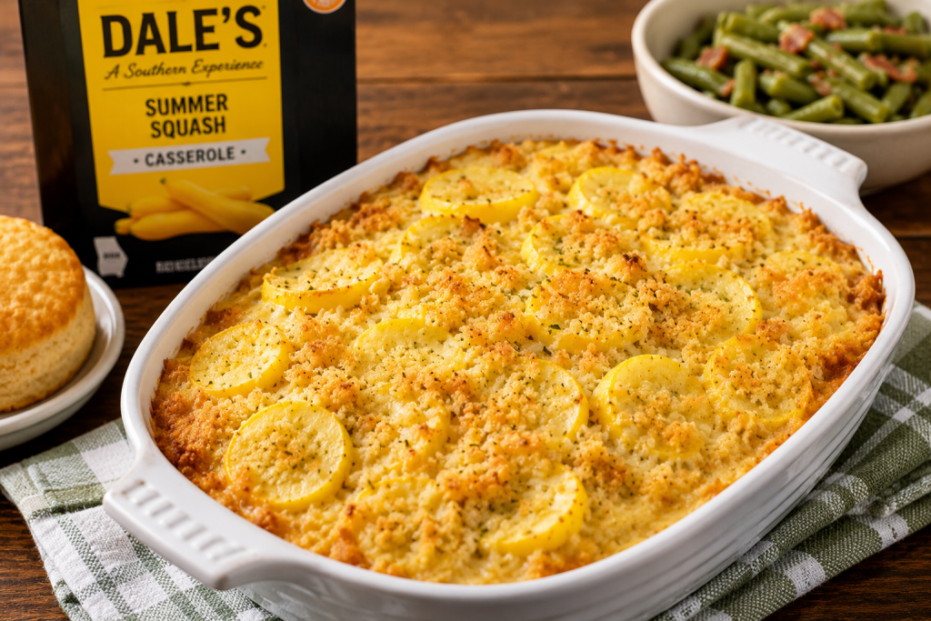 Baked Dale’s Southern Squash Casserole served in a white casserole dish with green beans, biscuits, and ready-to-bake packaging on a wooden table