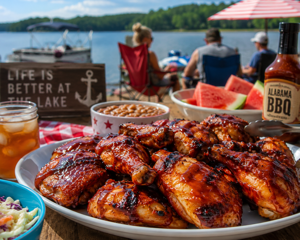 Plate of BBQ grilled chicken served with baked beans, watermelon, coleslaw, and iced tea at a lakeside summer family cookout in Alabama
