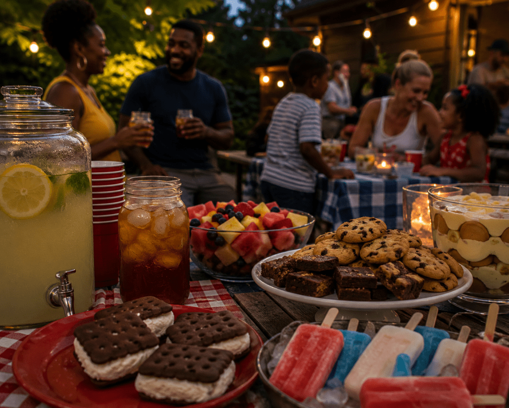 Outdoor summer family gathering with lemonade, sweet tea, popsicles, cookies, brownies, fruit salad, and ice cream sandwiches on a picnic table at dusk