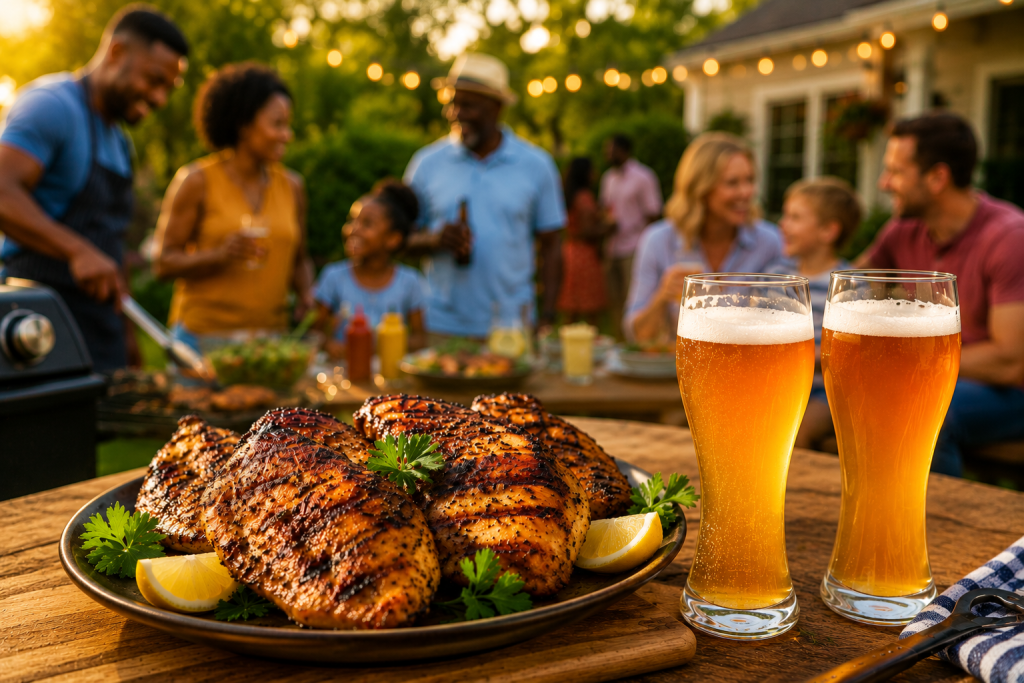 Grilled chicken served with cold beer at a summer backyard cookout with family and friends enjoying an outdoor barbecue gathering