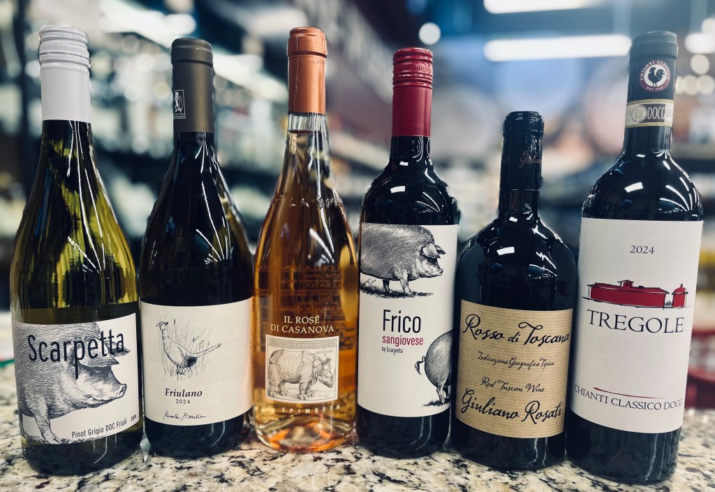 Selection of Italian wines featured at a spring wine tasting event with Josh Kelly from Grassroots at Piggly Wiggly Birmingham, including Pinot Grigio, Friulano, Rosé, Sangiovese, and Chianti Classico