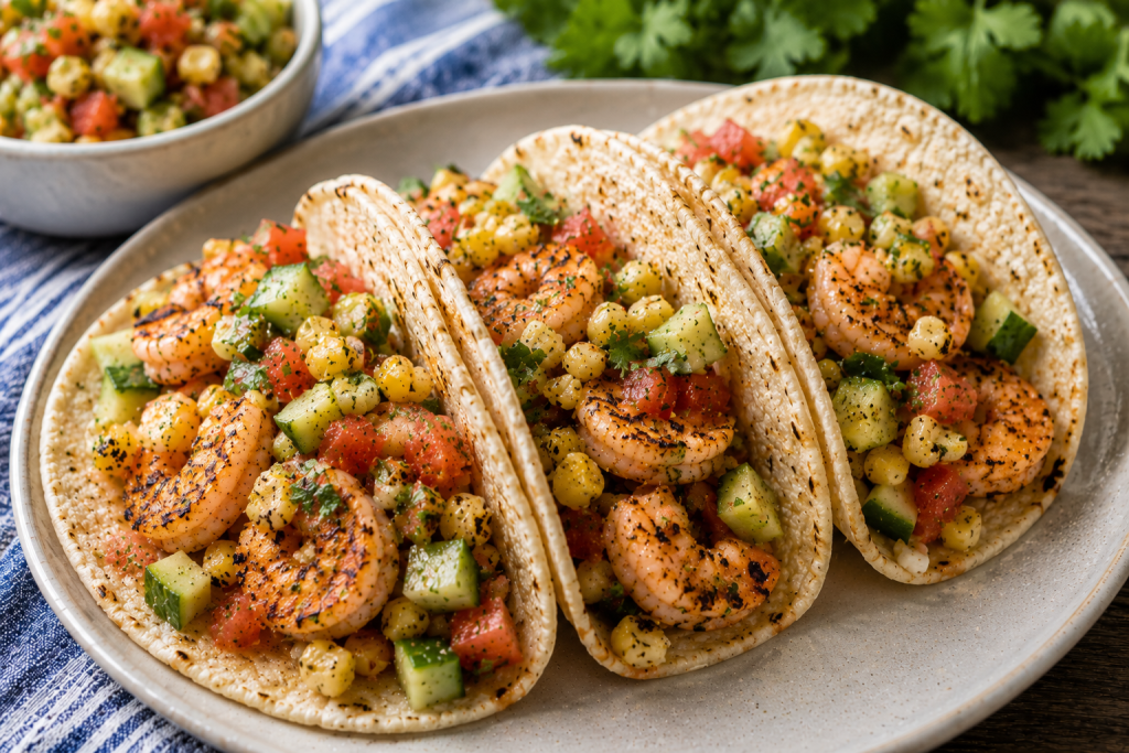 Three grilled shrimp tacos topped with watermelon corn salsa, diced cucumber, and fresh cilantro on soft tortillas.
