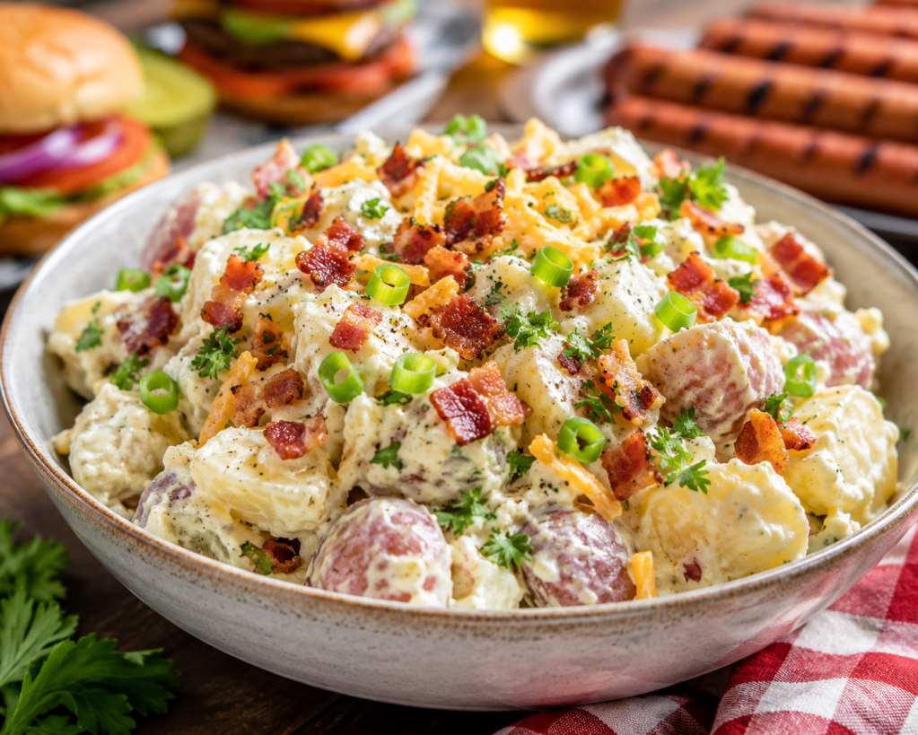 Bowl of creamy bacon ranch potato salad made with red potatoes, crispy bacon, cheddar cheese, green onions, and ranch dressing, served as a cold summer cookout side dish