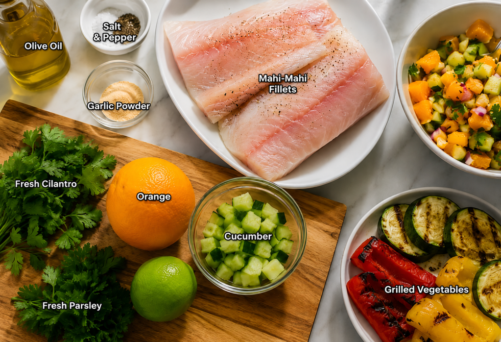Fresh mahi-mahi fillets with olive oil, garlic powder, salt, pepper, orange, lime, cucumber, parsley, cilantro, grilled vegetables, and citrus herb salsa ingredients arranged for a healthy summer seafood recipe.