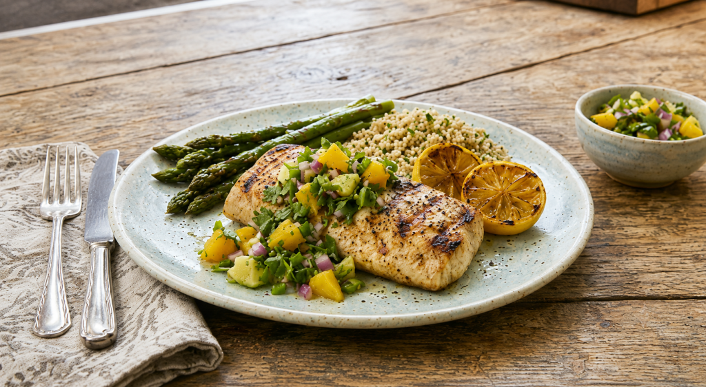 Grilled mahi-mahi topped with citrus herb salsa, served with roasted asparagus, couscous, and grilled lemon halves on a rustic wooden table.