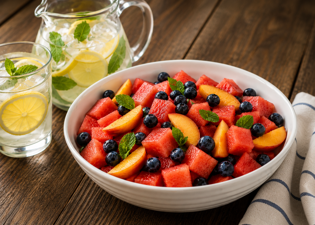 Fresh summer fruit salad with watermelon, sliced peaches, blueberries, and mint served in a white bowl alongside lemon mint water on a rustic wooden table.