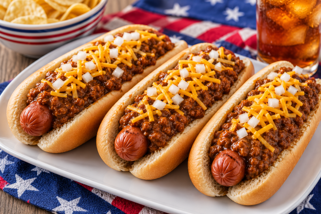 Three classic chili cheese hot dogs topped with shredded cheddar cheese and diced onions on a white platter with potato chips, iced cola, and an American flag tablecloth.