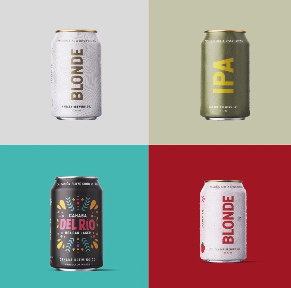 Four Cahaba Brewing beer cans including Blonde Ale, IPA, Del Río Mexican Lager, and Blood Orange Blonde displayed for a June beer tasting event with Hubert Snow III.