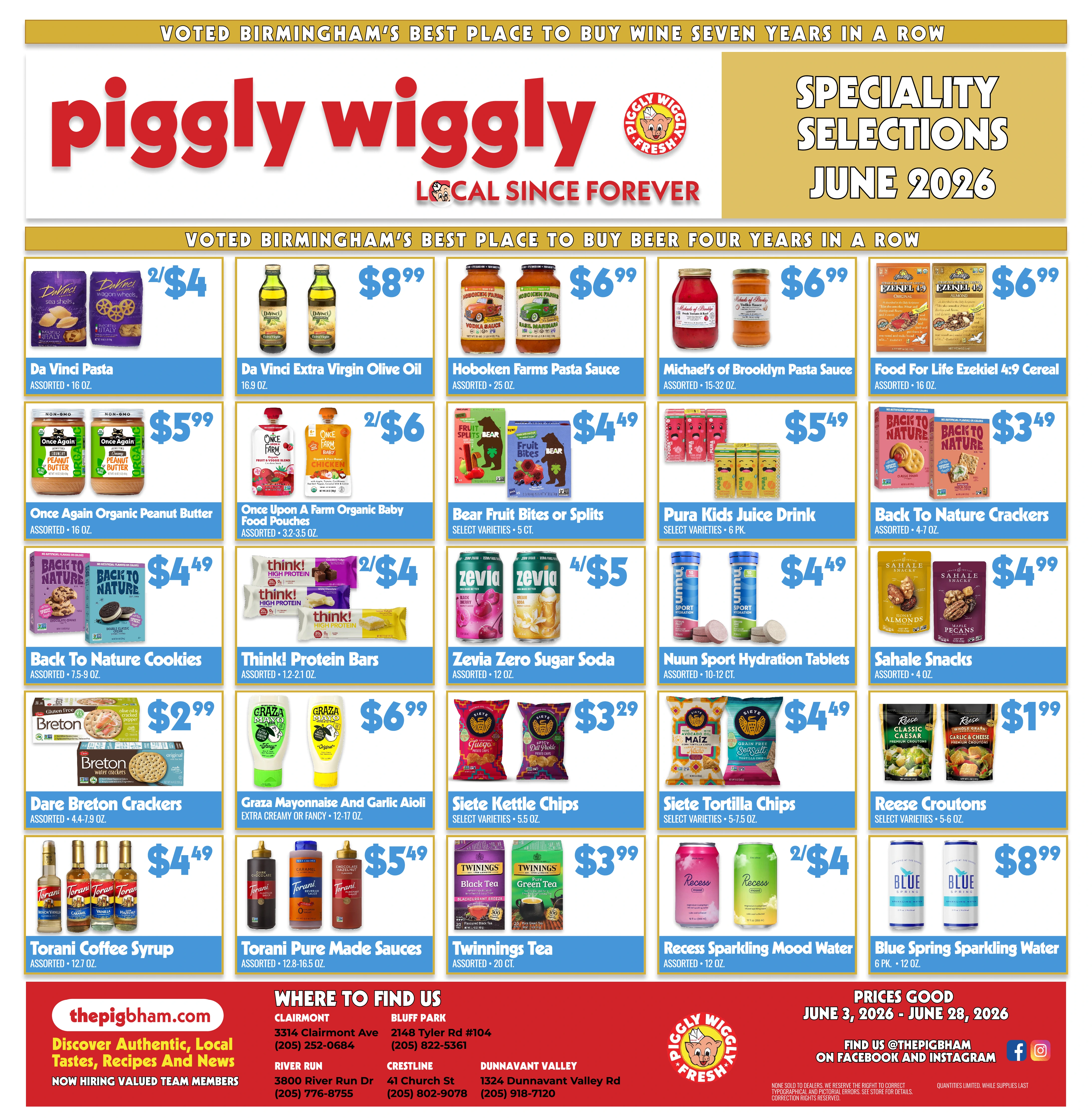 Piggly Wiggly Birmingham June 2026 Specialty Selections flyer featuring organic snacks, pasta sauces, olive oil, sparkling water, chips, crackers, tea, coffee syrups and other grocery deals.