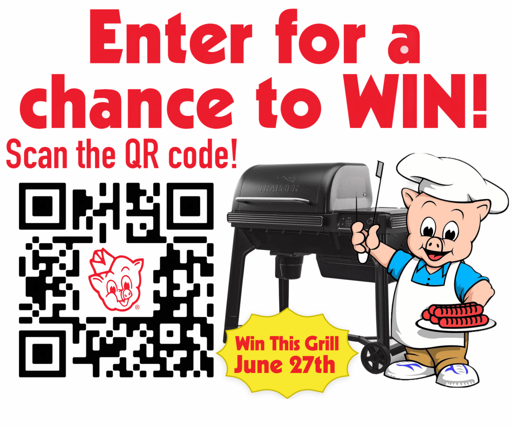 Piggly Wiggly McCalla and Hueytown Traeger Woodridge Grill giveaway featuring QR code entry, Traeger wood pellet grill, and Piggly Wiggly mascot ahead of Fourth of July 2026.