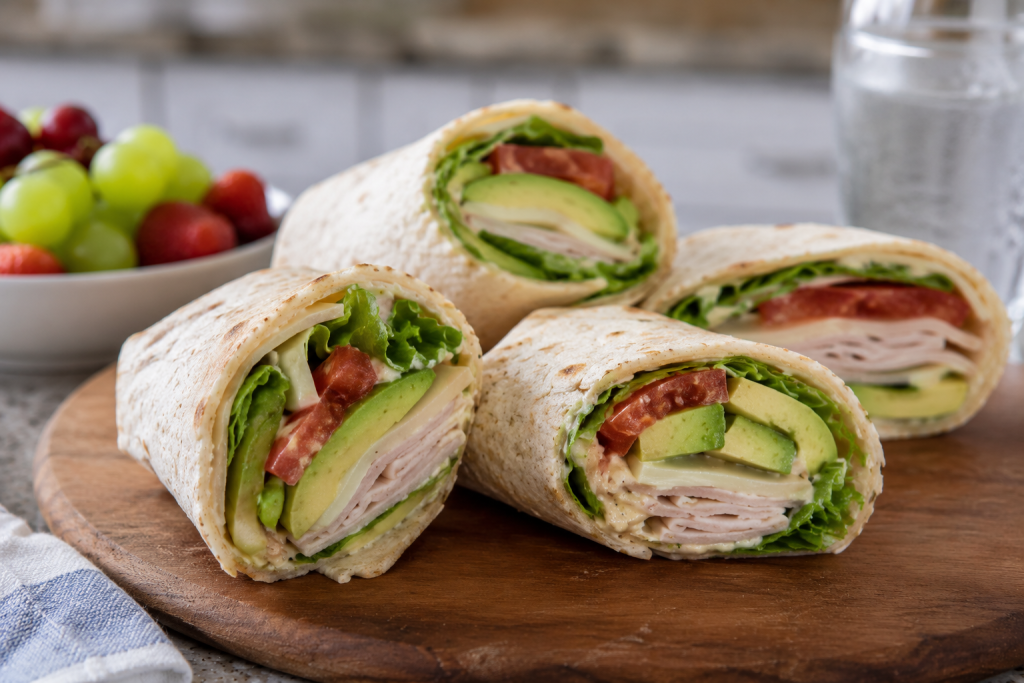 Turkey avocado wraps filled with deli turkey, provolone cheese, lettuce, tomato, and sliced avocado in flour tortillas, served as an easy no-cook lunch