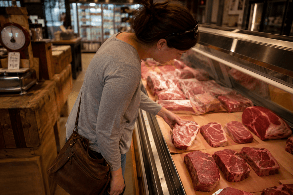 Customer comparing fresh beef steaks and examining marbling at a grocery store meat counter while choosing the best cut for a meal.
