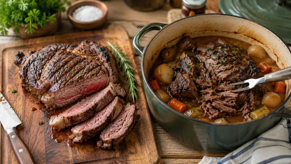 Grilled medium-rare beef steak on a cutting board beside a Dutch oven filled with slow-cooked chuck roast, carrots, onions, and potatoes.