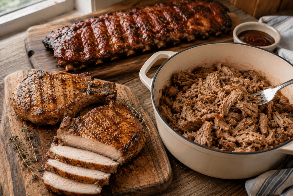Grilled pork chops on a cutting board beside slow-cooked pulled pork in a Dutch oven and a rack of barbecue ribs, demonstrating different cooking methods for pork cuts.