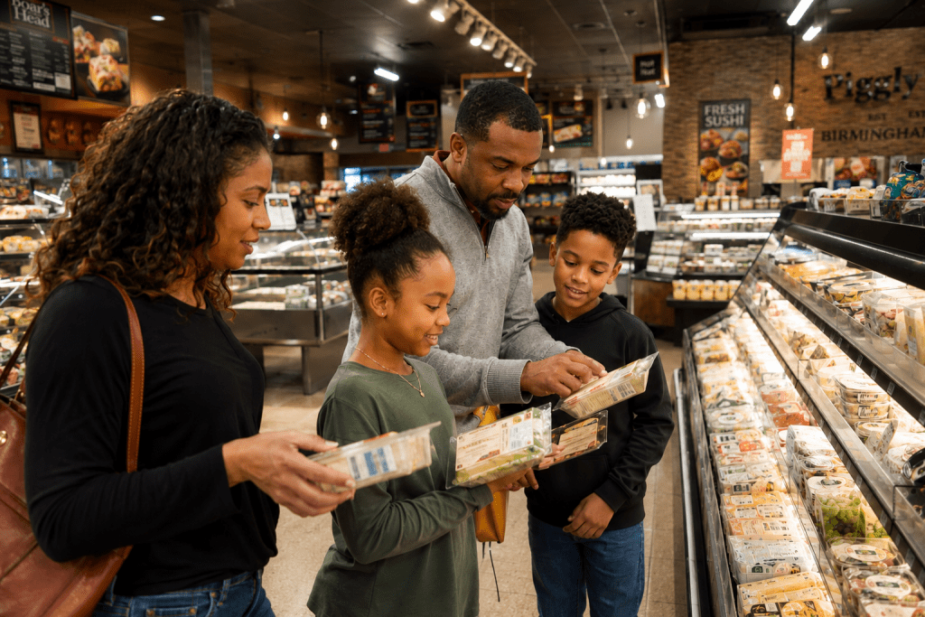 A family compares nutrition facts and food labels on packaged deli meals while shopping in the prepared foods section at Piggly Wiggly Birmingham.