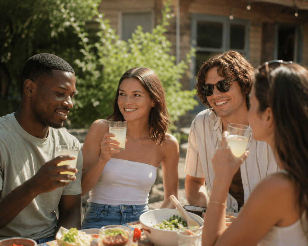 A diverse group of Black and White American adults enjoying Lime & Dime Classic Cannanarita hemp-derived THC beverages together at a bright outdoor backyard gathering for adults 21+