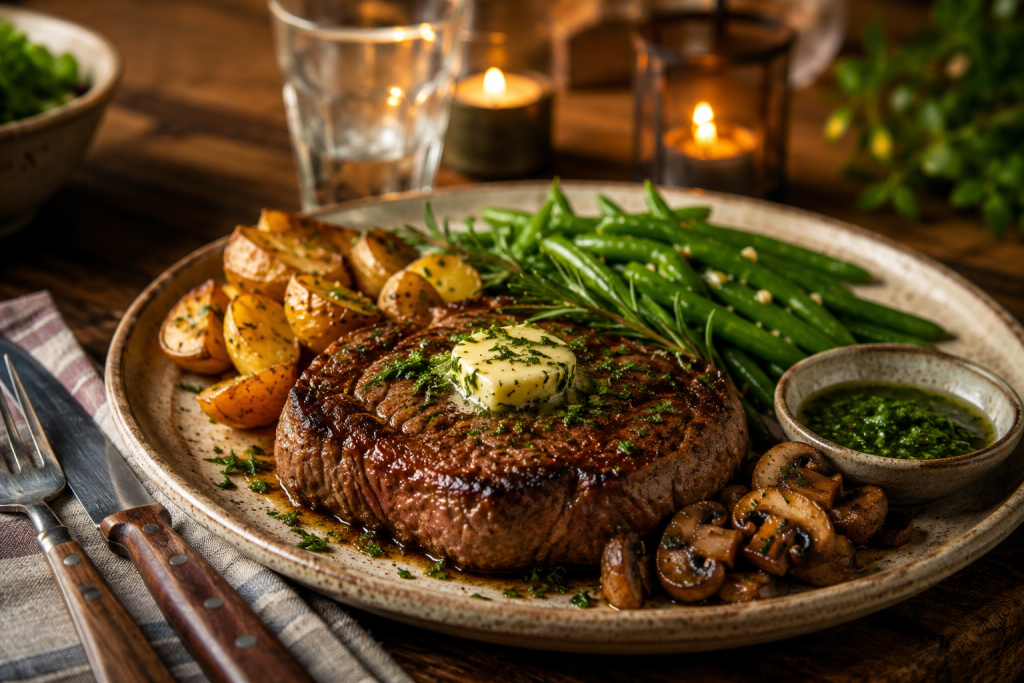 Grilled beef steak topped with garlic herb butter, served with roasted potatoes, green beans, sautéed mushrooms, and herb sauce on a rustic dinner plate.