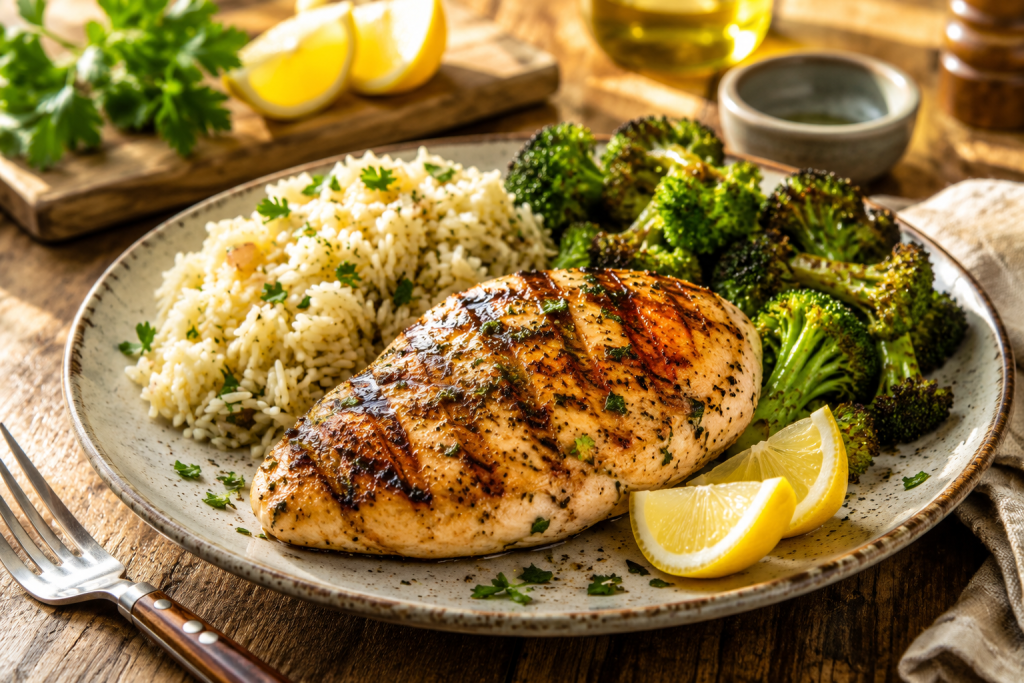 Grilled chicken breast served with rice pilaf, roasted broccoli, and fresh lemon wedges on a rustic dinner plate.