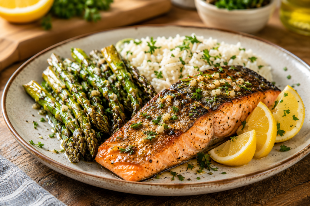 Grilled salmon fillet served with roasted asparagus, white rice, fresh lemon wedges, parsley, and garlic on a rustic dinner plate.