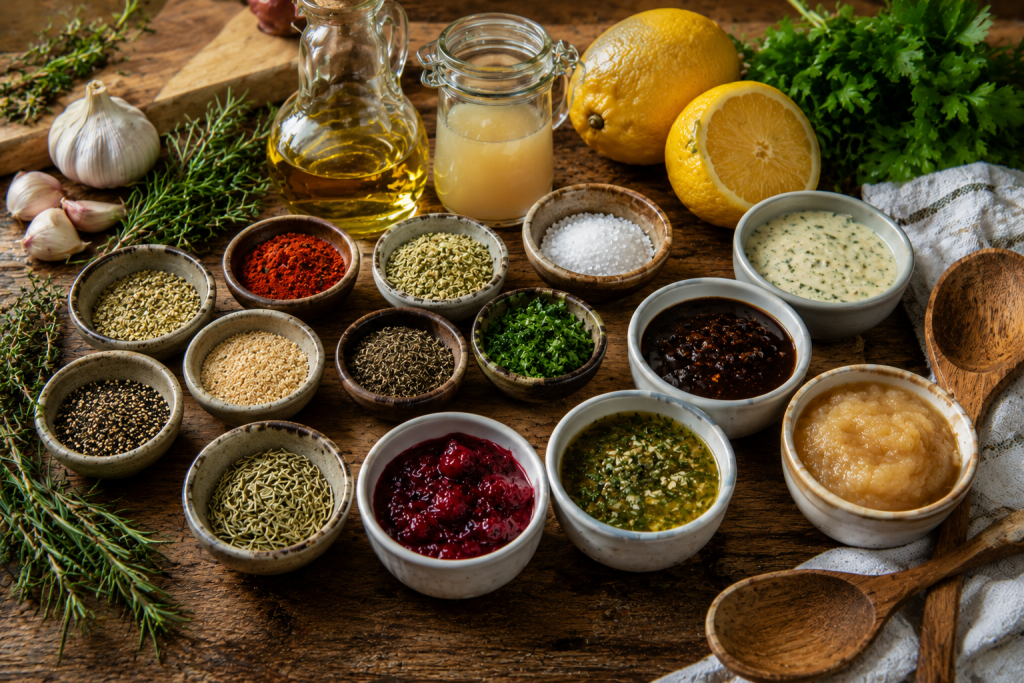 Assortment of cooking seasonings, dried herbs, spices, marinades, and sauces including olive oil, garlic, lemon, parsley, paprika, rosemary, thyme, herb sauce, barbecue sauce, cranberry sauce, and apple sauce arranged on a rustic wooden table.
