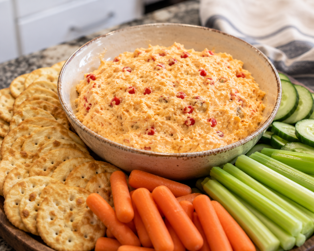 A bowl of creamy Southern pimento cheese dip served with buttery crackers, celery sticks, cucumber slices, and baby carrots on a wooden serving tray.