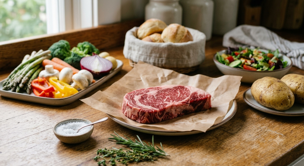 Fresh marbled ribeye steak on butcher paper surrounded by seasonal vegetables, baked potatoes, salad, herbs, and dinner rolls on a kitchen countertop.
