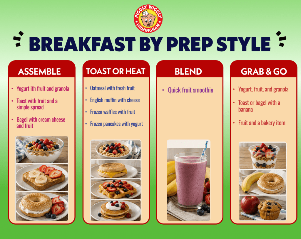 Breakfast by prep style infographic featuring yogurt, toast, bagels, oatmeal, waffles, pancakes, smoothies, fruit, and grab-and-go options