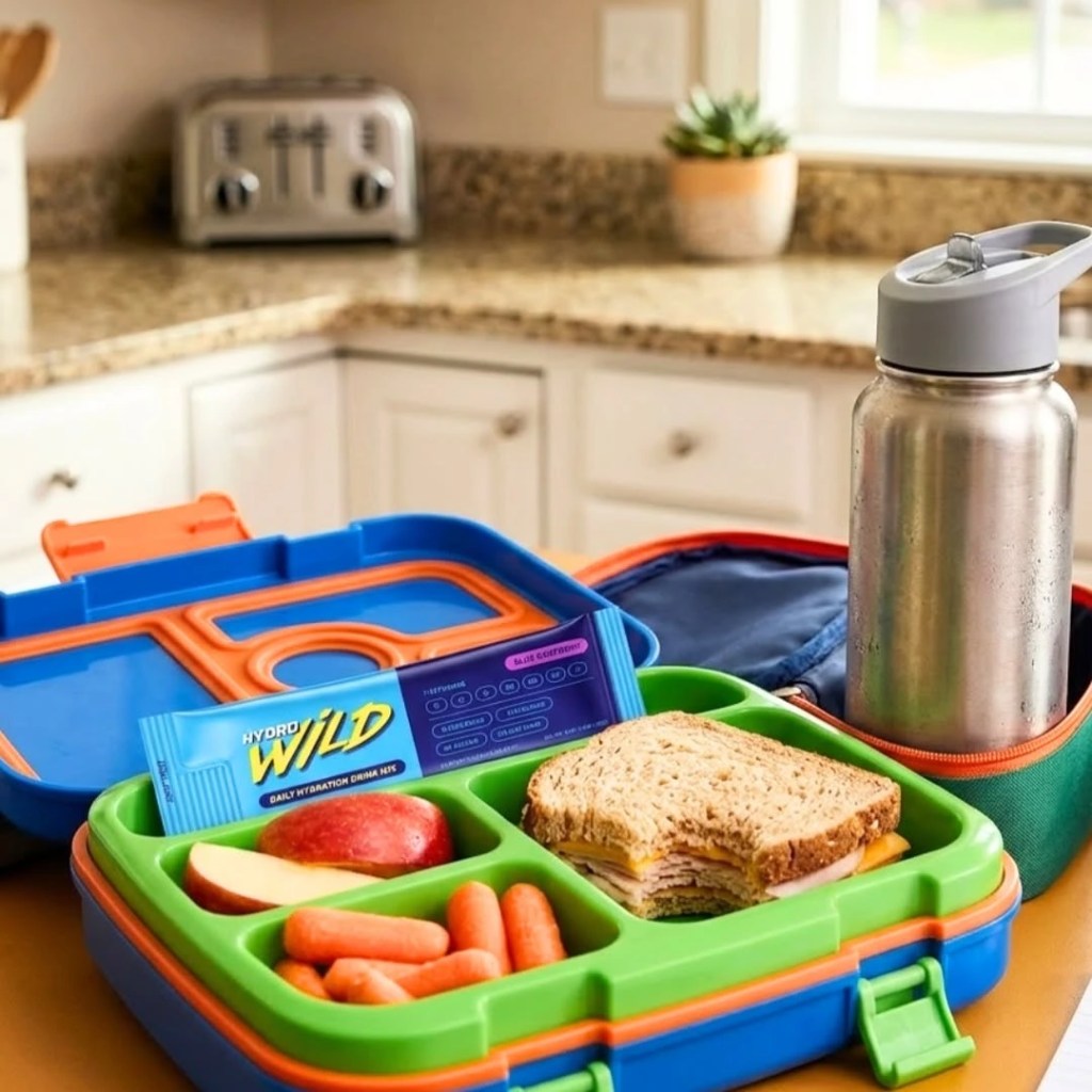 HydroWild kids hydration drink mix packed with a sandwich, apple, carrots and reusable water bottle in a school lunchbox