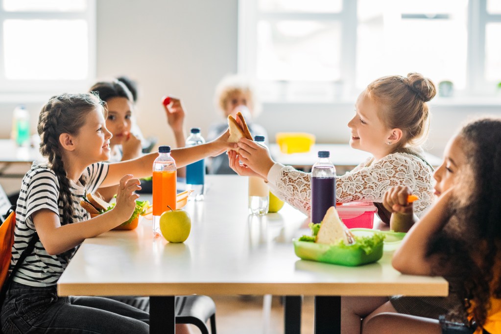 Schoolchildren eating packed lunches with sandwiches, fresh fruit, vegetables, and drinks at a cafeteria table