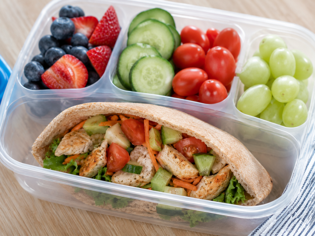Chilled chicken pita with lettuce, cucumber, tomato, and carrots packed with fresh fruit and vegetables for school lunch