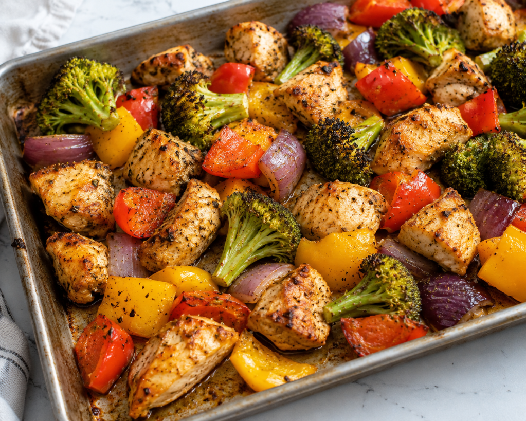 Sheet-pan chicken with roasted red and yellow bell peppers, red onion, and broccoli seasoned with herbs