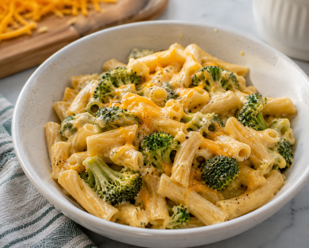 Creamy vegetable and cheese pasta with broccoli and melted shredded cheese served in a bowl