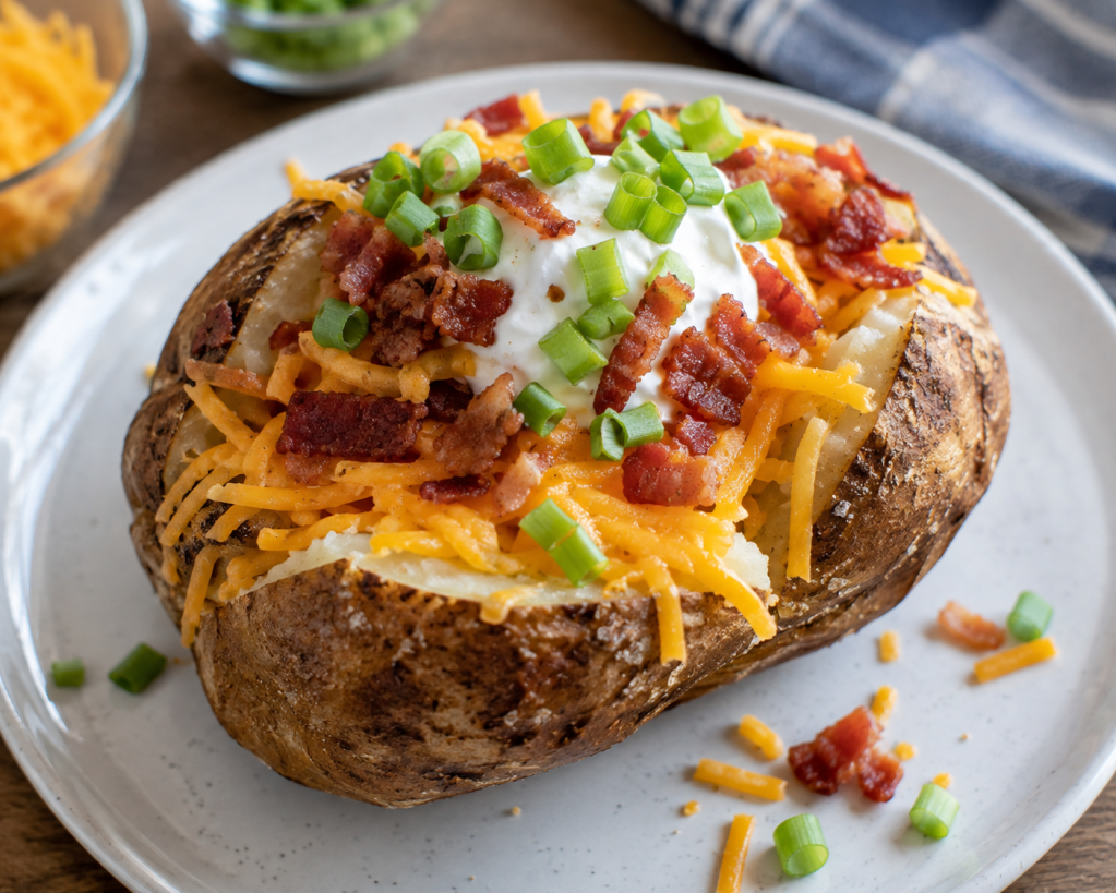 Loaded baked potato topped with shredded cheddar cheese, sour cream, bacon, and green onions on a plate