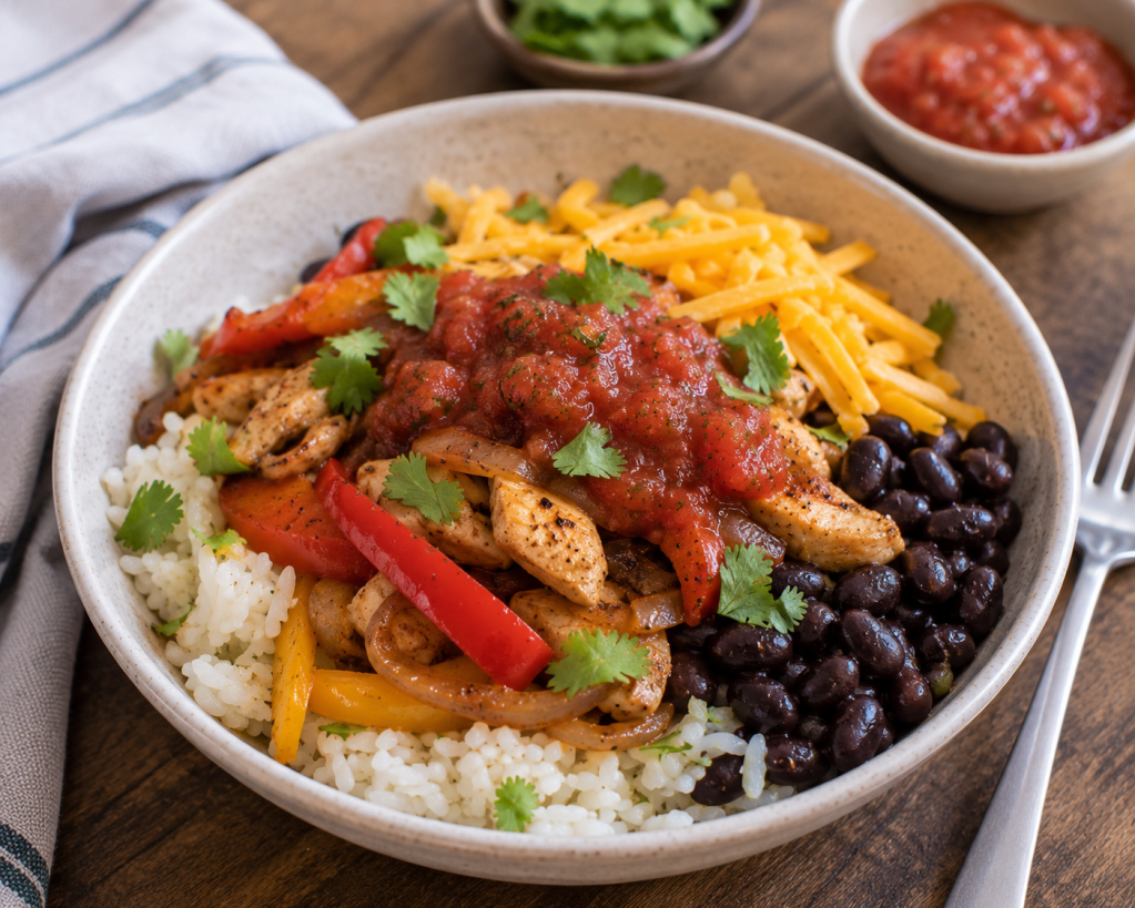 Rice bowl with seasoned peppers, onion, black beans, salsa, shredded cheese, and chicken