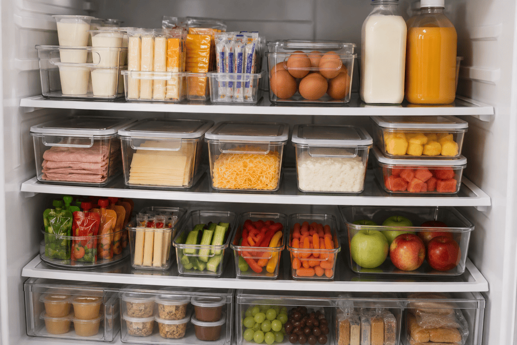 Organized refrigerator stocked with deli meat, cheese, eggs, milk, fruit, vegetables, yogurt, and other school lunchbox staples
