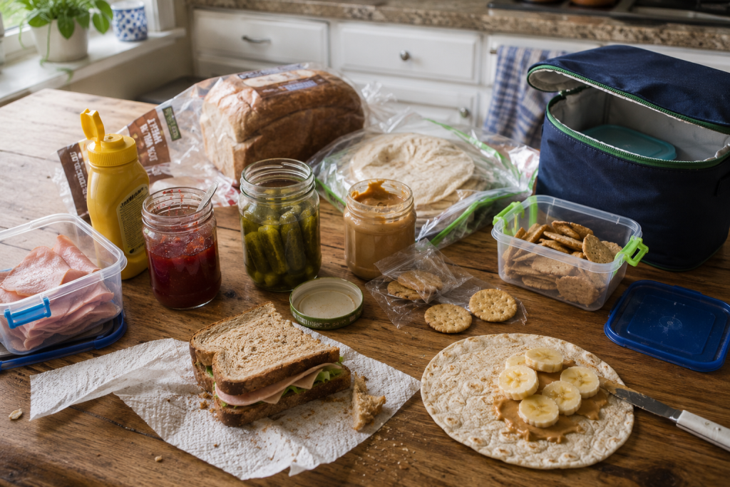 School lunch prep with bread, tortillas, crackers, deli meat, peanut butter, jam, mustard, pickles, and an insulated lunch bag