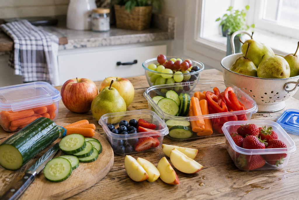 Fresh apples, pears, grapes, berries, cucumbers, carrots, and bell peppers portioned for easy school lunches