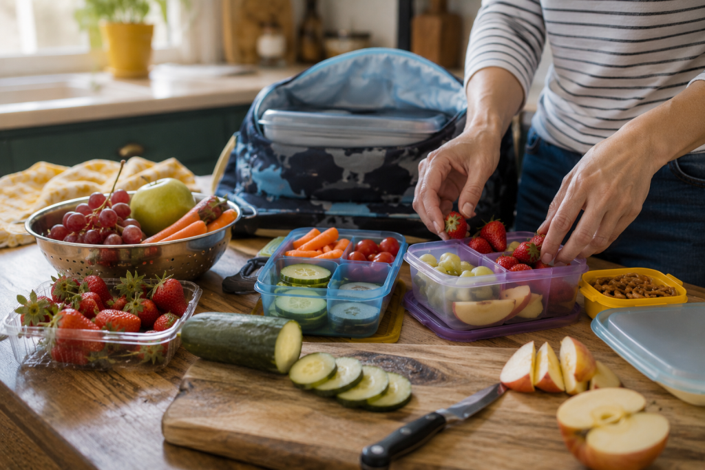 Parent packing a school lunch with strawberries, grapes, apples, carrots, cucumbers, and tomatoes in reusable containers