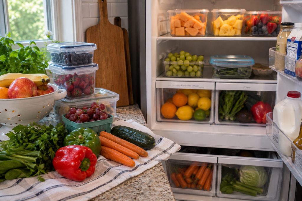 Organized refrigerator with fresh fruits and vegetables stored in containers and crisper drawers for easy weekly meal planning