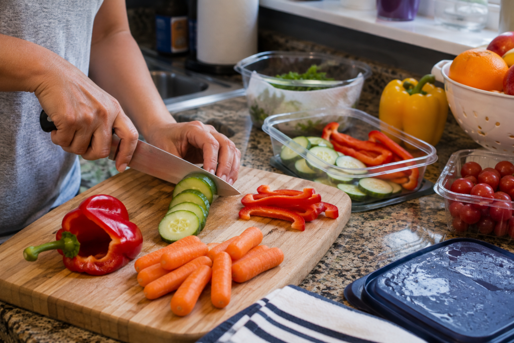 Person slicing cucumber with carrots and bell peppers nearby while preparing fresh vegetables for refrigerated school-week meals