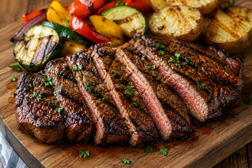 Sliced grilled steak with charred zucchini, bell peppers, onions, and potatoes served on a wooden board
