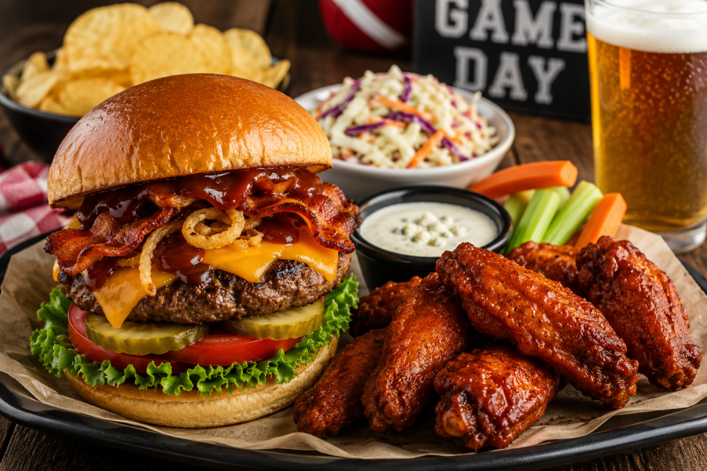 Game-day spread with a bacon cheeseburger, barbecue wings, chips, coleslaw, vegetables, dipping sauce, and a glass of beer.