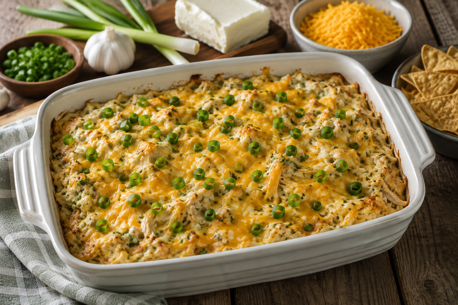 Baked cheesy chicken dip topped with green onions and served with tortilla chips