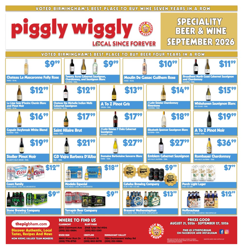 Piggly Wiggly specialty beer and wine September 2026 ad featuring discounted wines, craft beers, lagers, and imported beer selections.