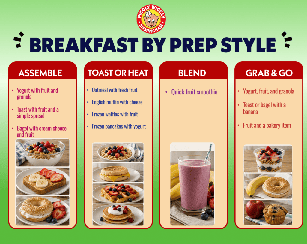 Breakfast by prep style guide featuring quick yogurt, toast, oatmeal, waffles, pancakes, smoothies, bagels, fruit, and grab-and-go options