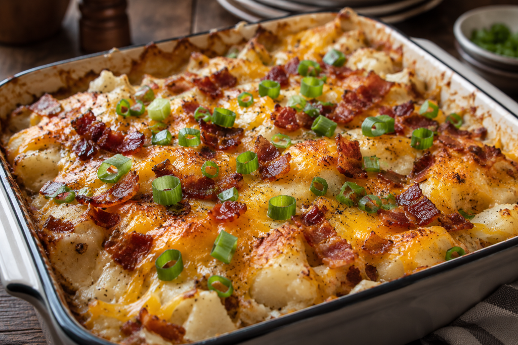 Loaded baked potato casserole topped with melted cheese, crispy bacon, and sliced green onions for a fall gathering