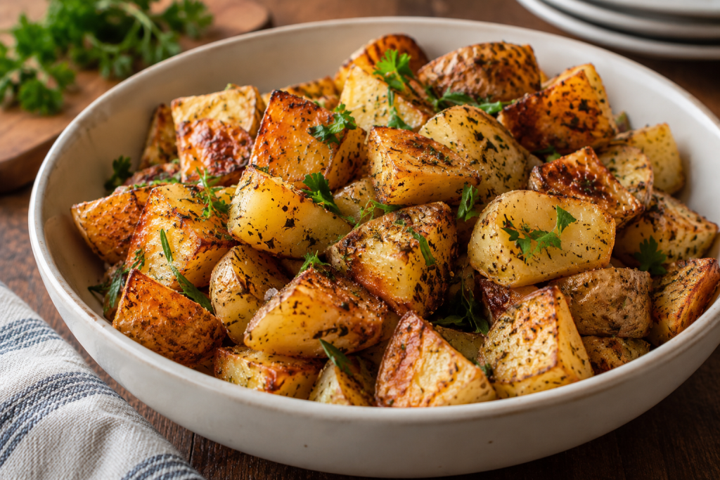 Crispy oven-roasted potato pieces seasoned with herbs and garnished with fresh parsley