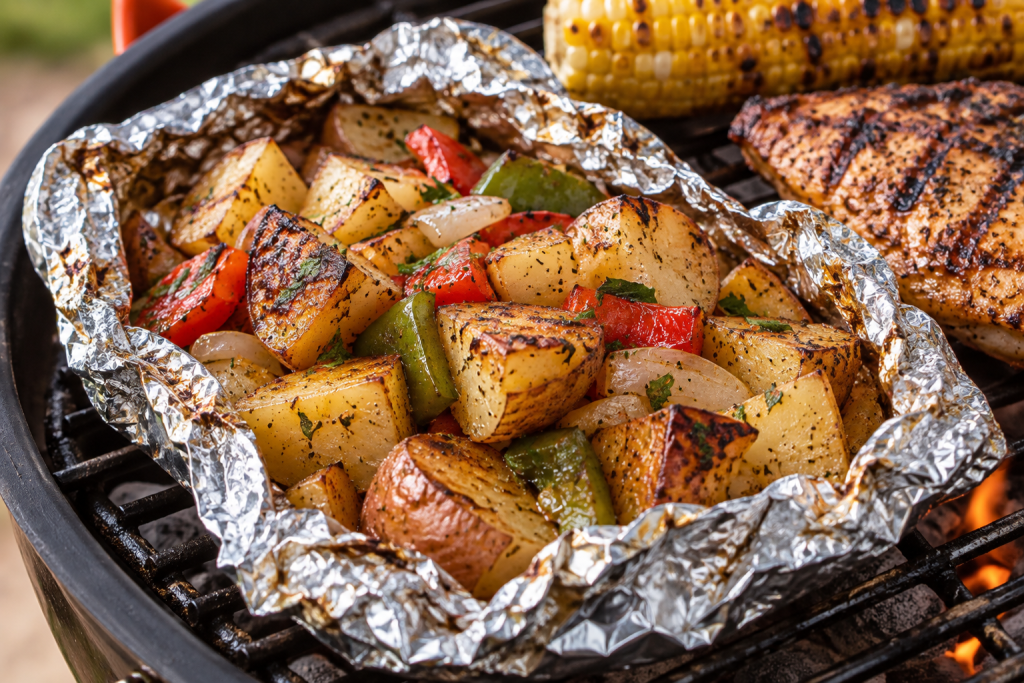 Grilled potato foil packet with seasoned potatoes, bell peppers, onions, and herbs on an outdoor grill