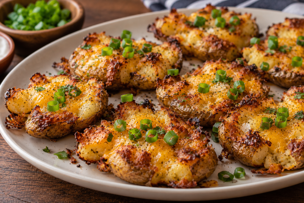 Crispy cheesy smashed potatoes topped with melted cheese, herbs, and sliced green onions